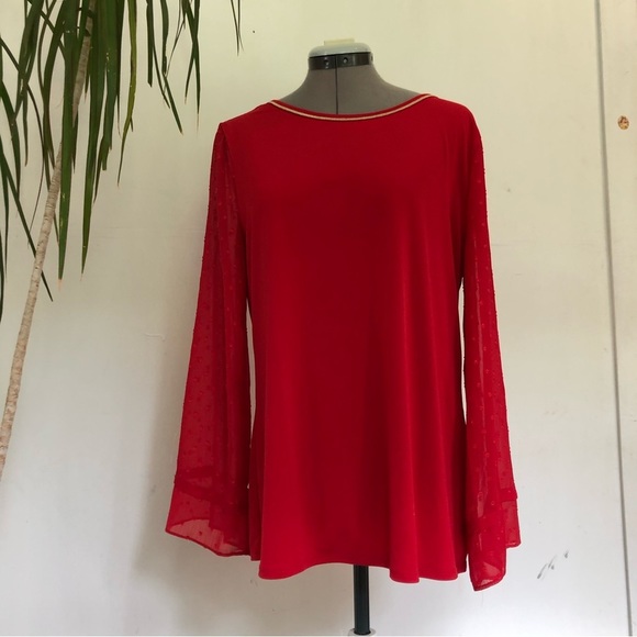 JM COLLECTION Women’s Red Long Sleeve Bellbottom Sleeve Blouse Size M - Picture 9 of 9